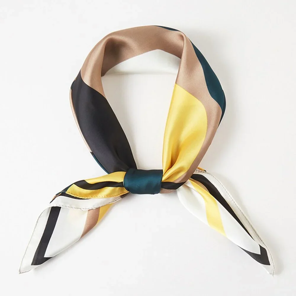 Multi Geometric Printed Square Silky Satin Bandana Scarf Bag Scarf Green Beige